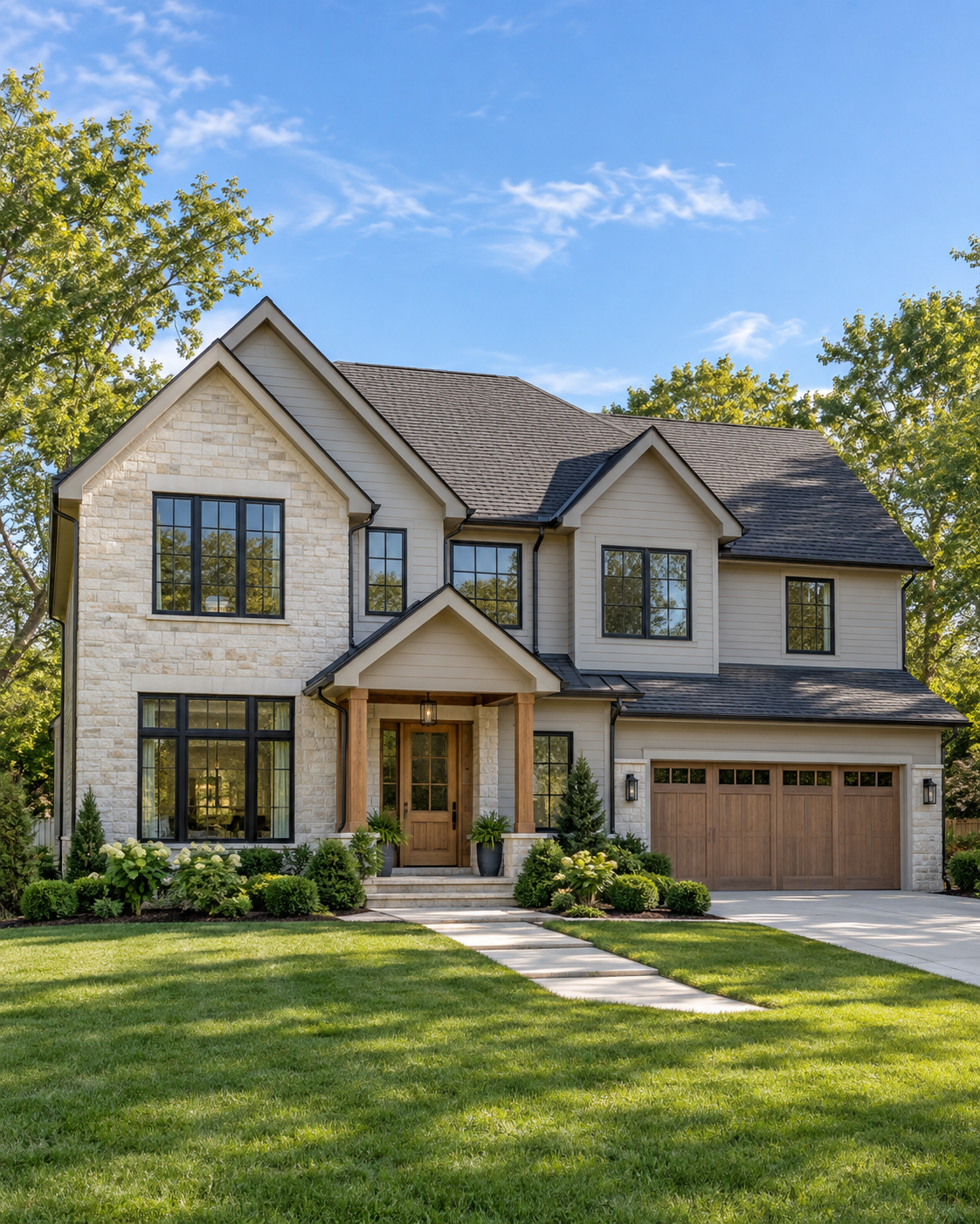 Welcoming two-story home with a stone facade, front entrance, and landscaped garden